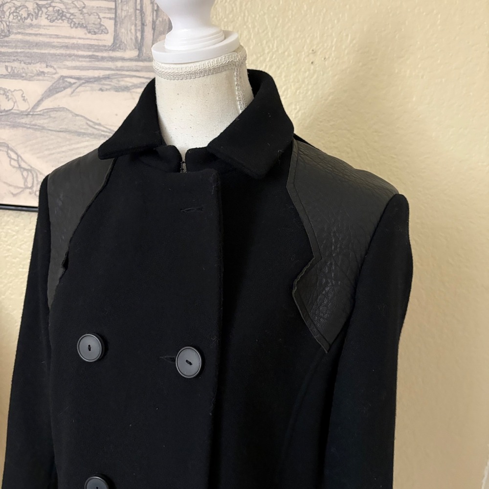 MAJE Daho double breasted Peacoat‎ Black  wool-cashmere blend leather trim Sz 40 - Picture 3 of 11